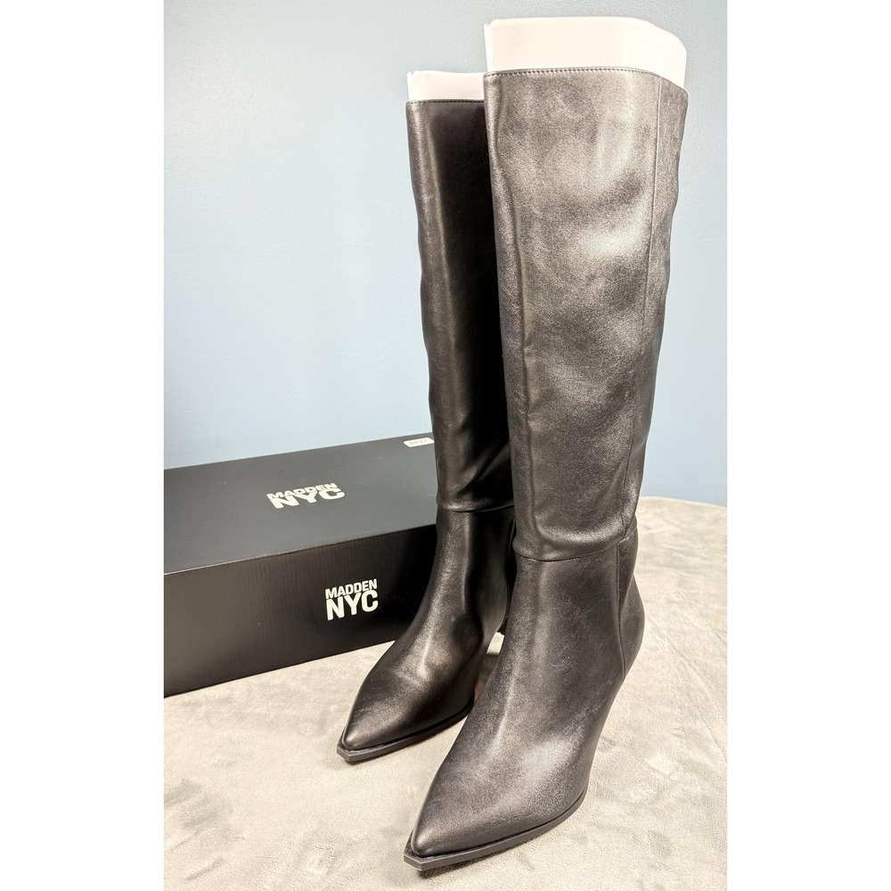 Madden NYC Black Knee-High Pointed Toe Leather Boots